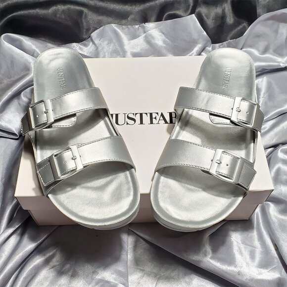 NIB JUSTFAB silver slide molded slide sandals LUCA - Picture 1 of 6
